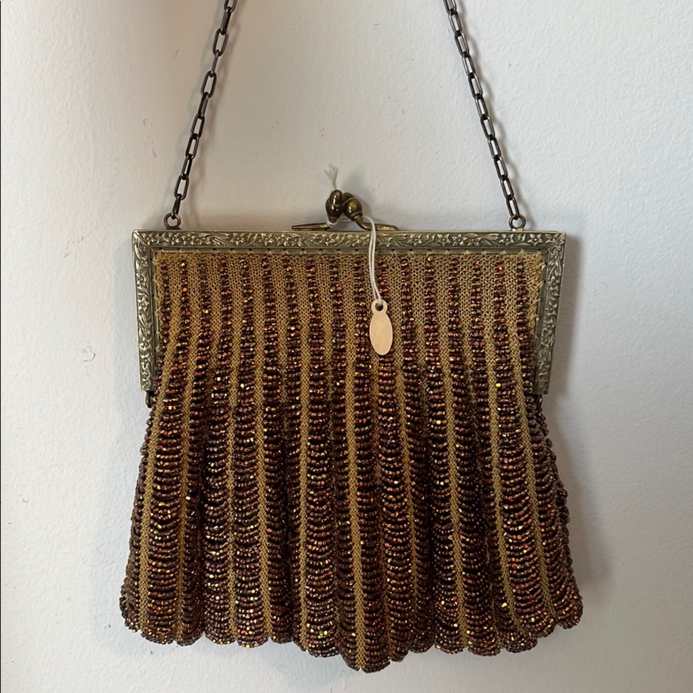 Gold and Brown Pleated Clutch with Metal Frame